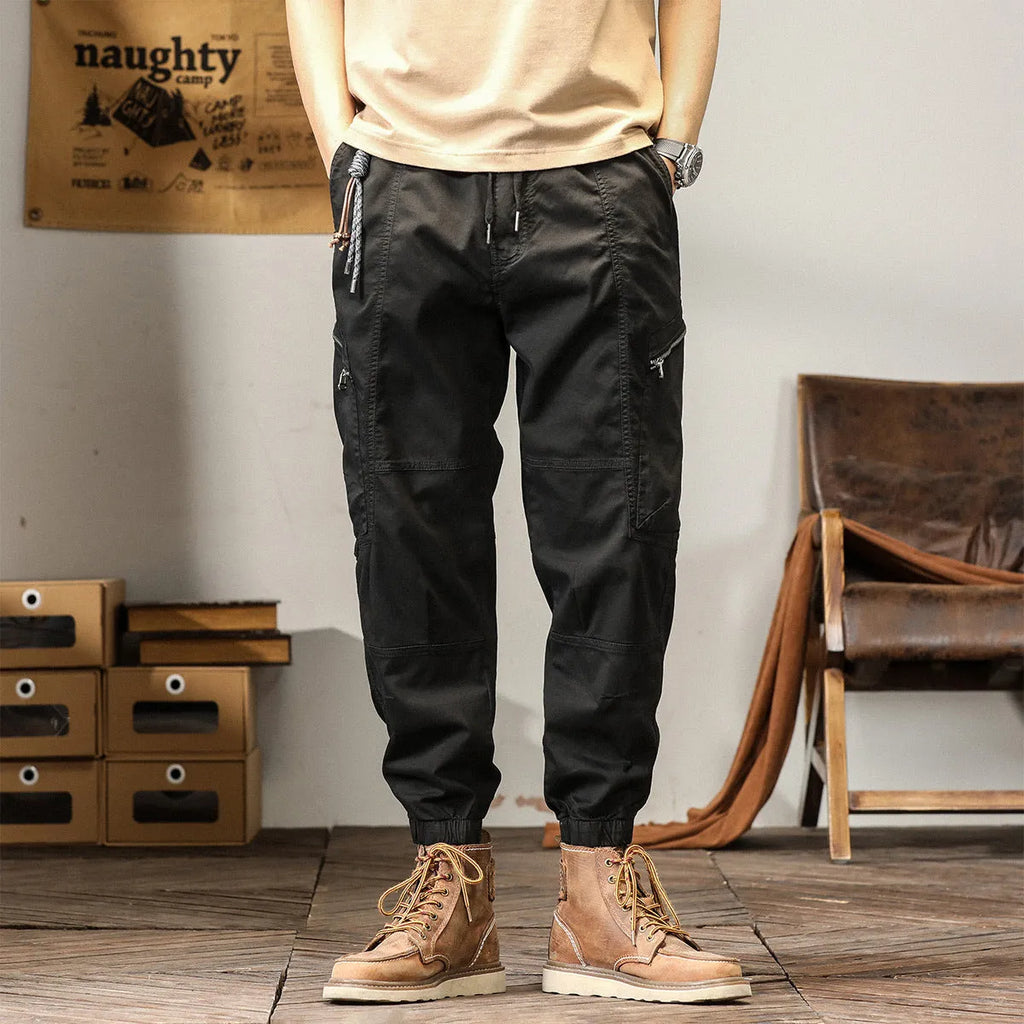 Men's cotton Korean style harem trousers with tapered legs in khaki colour