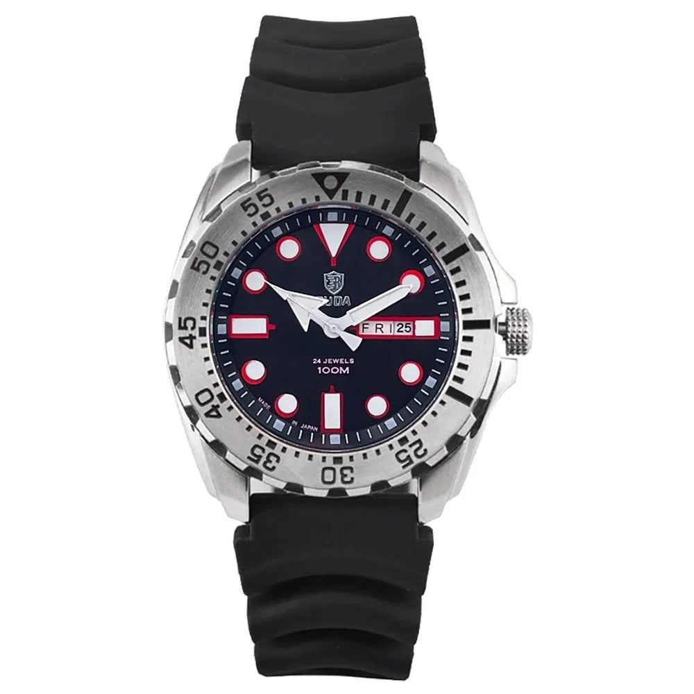 Men's waterproof luminous watch with blue dial on a steel bracelet.
