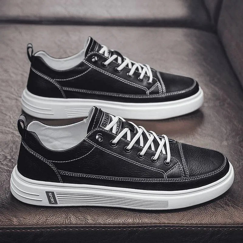 Men's white casual PU shoes with a shallow opening, round toe, and flat low-heel sole.
