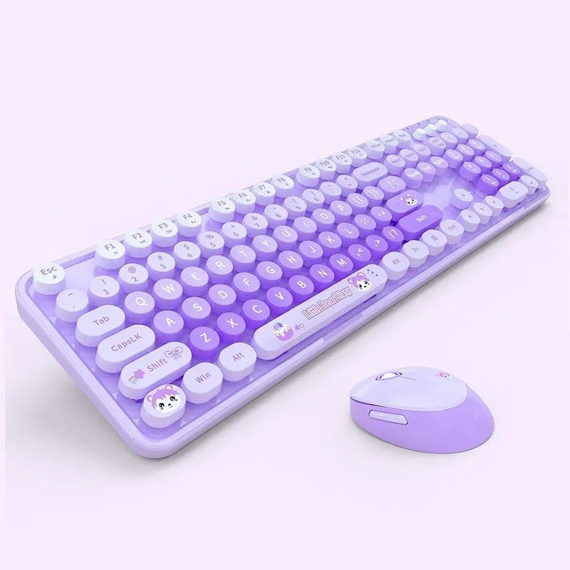 Wireless keyboard and mouse set on a desk, shown in a mixed colour option.