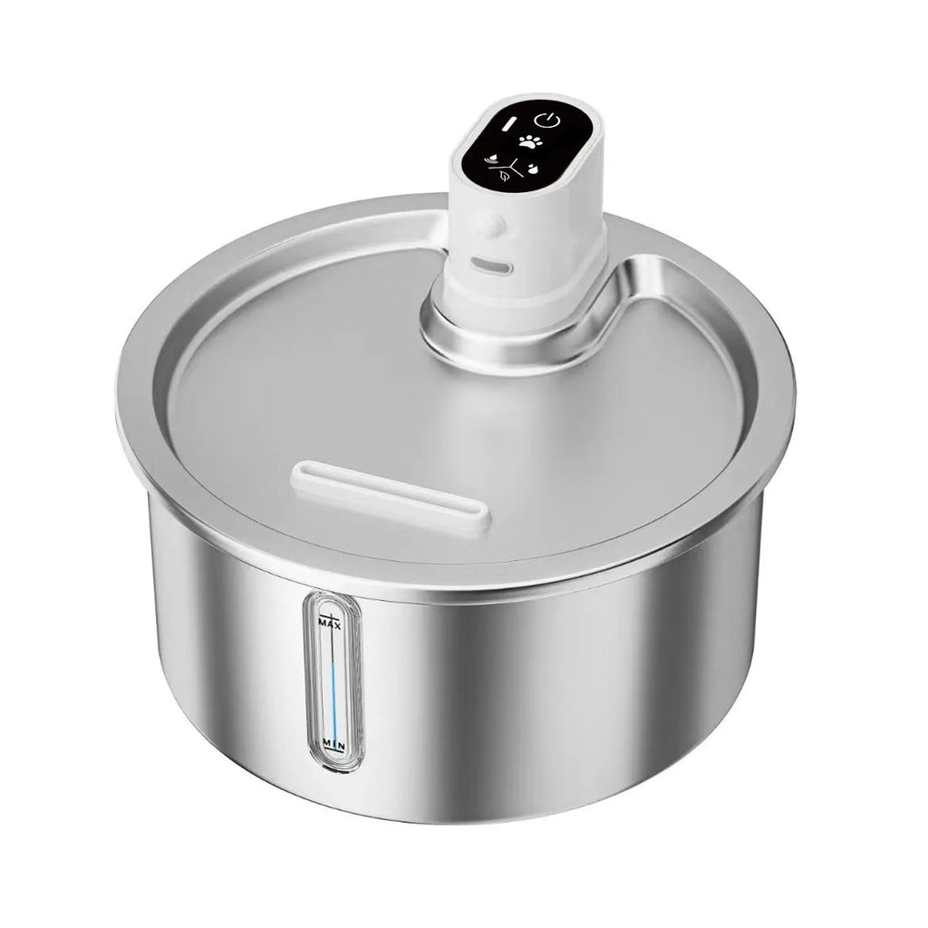 Black stainless steel pet water fountain with digital temperature display on base.
