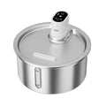 Black stainless steel pet water fountain with digital temperature display on base.