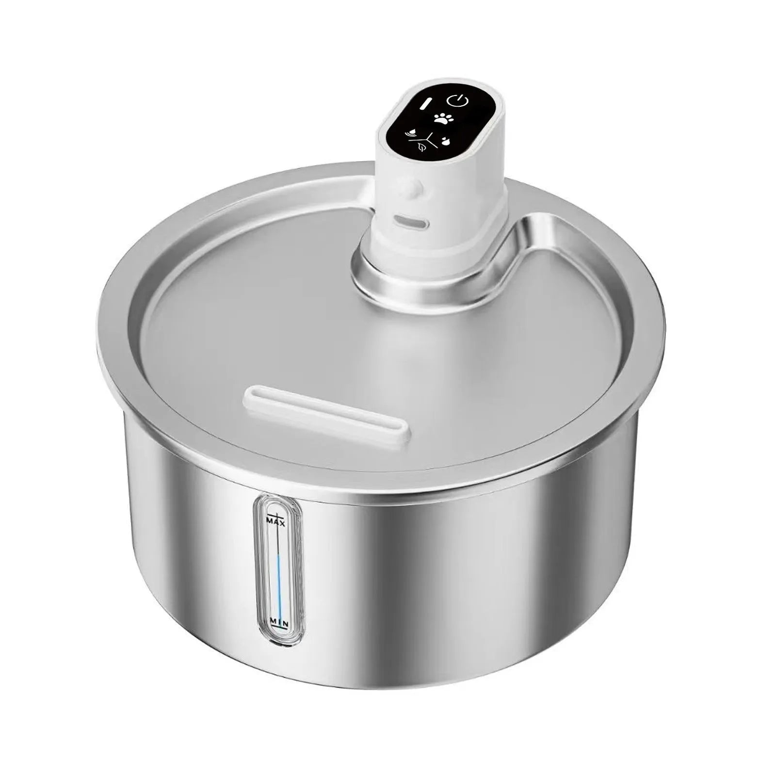 Black stainless steel pet water fountain with digital temperature display on base.