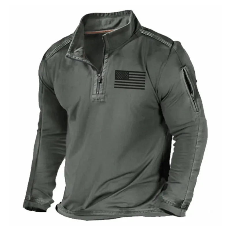 Men's dark coloured zip-up sweater with a stand collar and long sleeves laid flat.