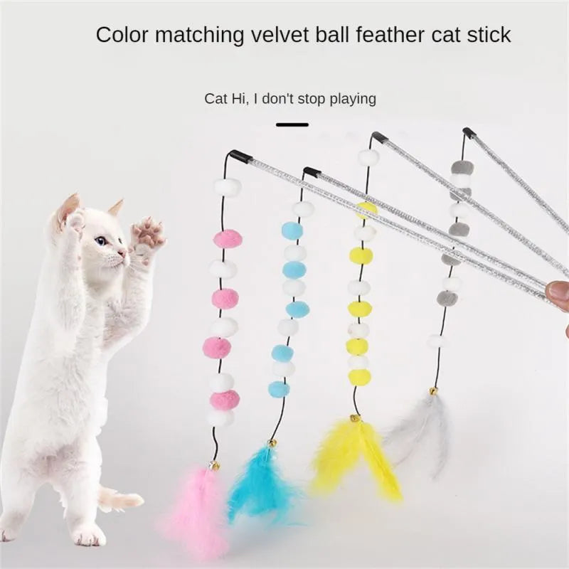 31cm long cat teaser stick with bell and contrast pompon feather toy in blue colour