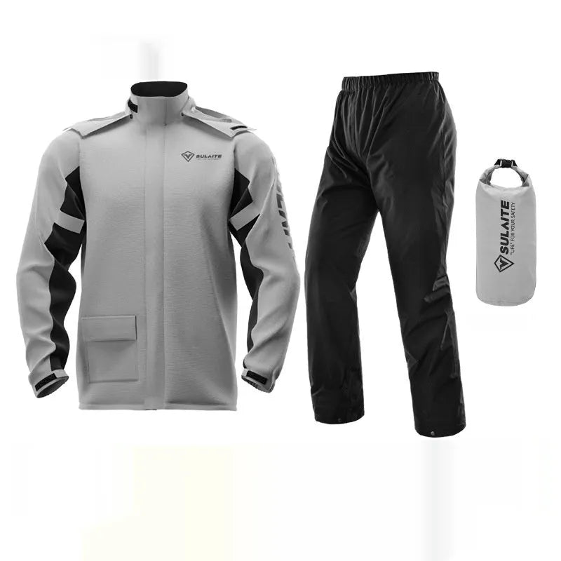 Adult motorcycle raincoat and rain pants suit with hidden shoe covers in a storage bag.