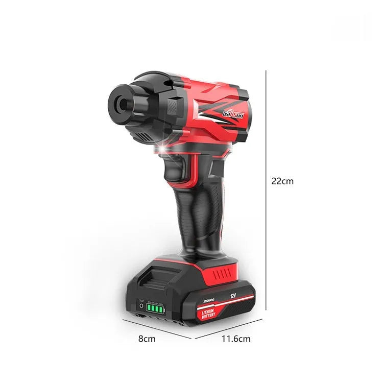 Red and black portable car tyre inflator with wireless charging and 12V cigarette lighter connection