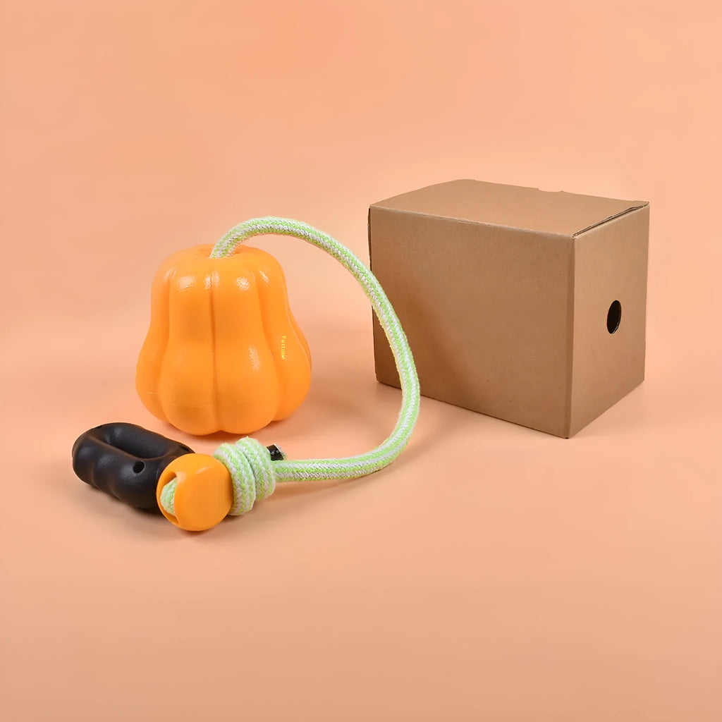 Orange plastic molar-shaped dog toy with rope attachment for chewing and fetch games