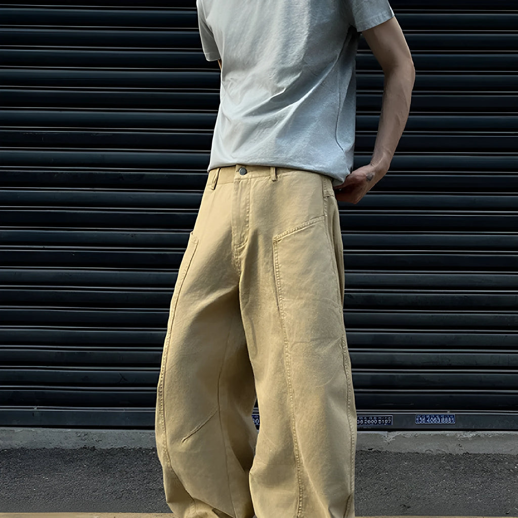 Men's khaki cotton straight-leg trousers in American retro style displayed flat