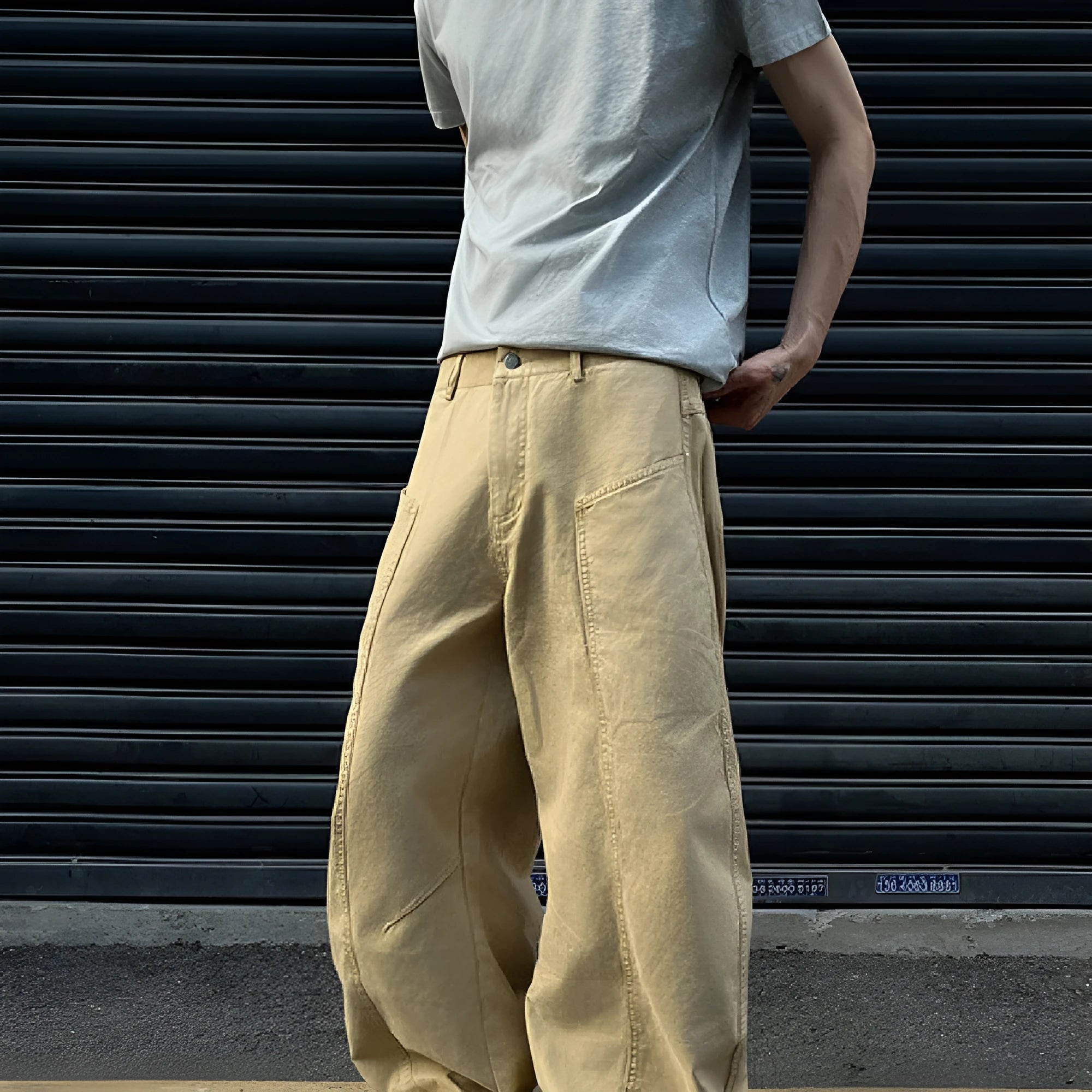 Men's khaki cotton straight-leg trousers in American retro style displayed flat