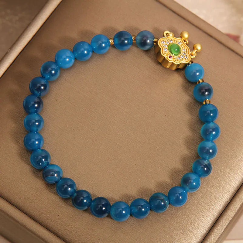 Blue sugar heart agate safety lock pendant bracelet for women with crystal construction and alloy inlay