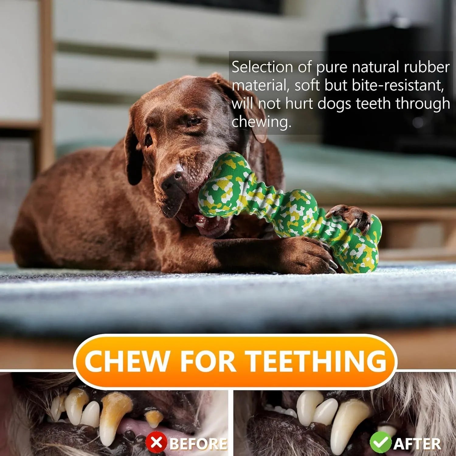 Natural rubber dog chew toy in camouflage pattern with bone shape, shown in green, white and yellow colours