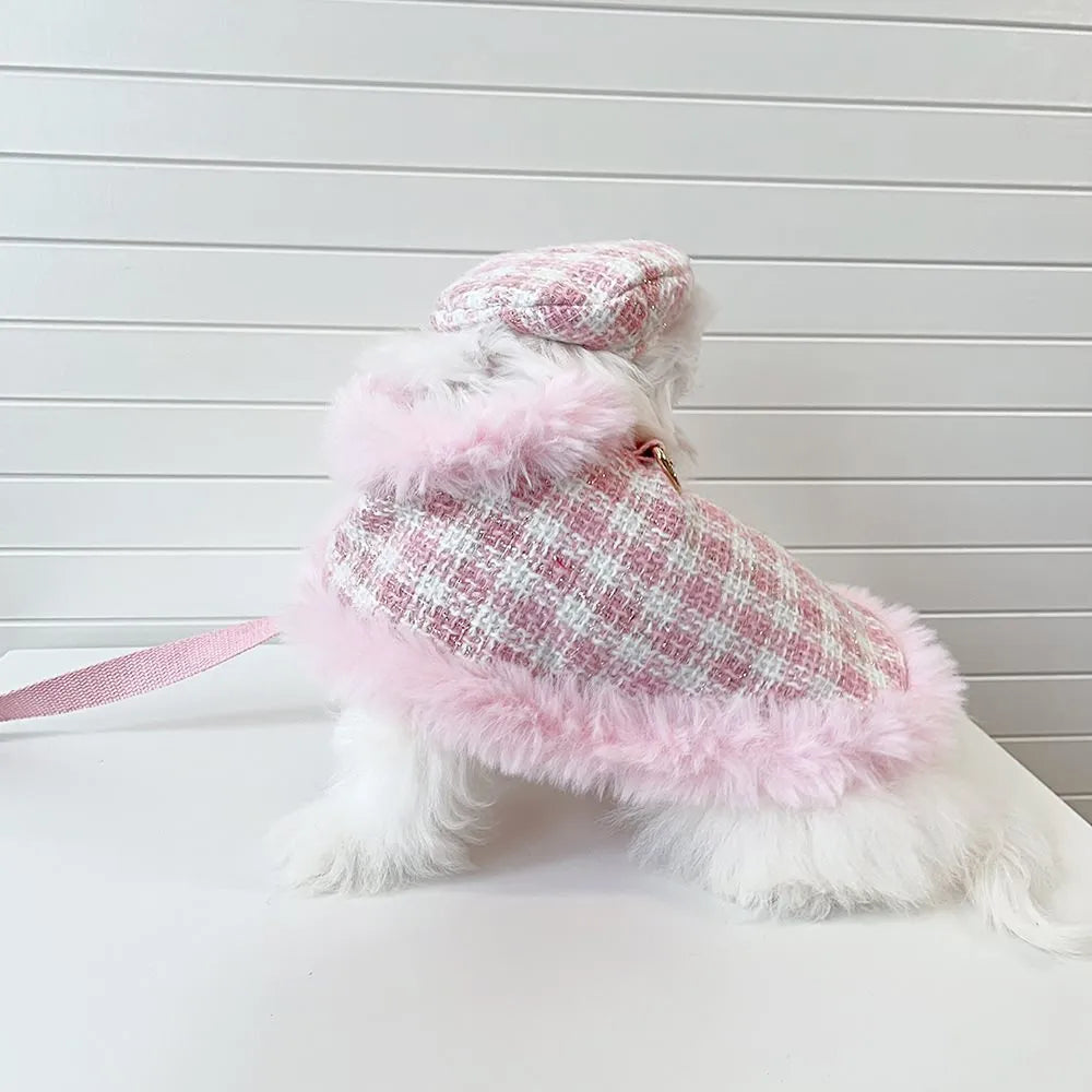 Pink polyester cat clothing set with beret and cape accessories in five sizes