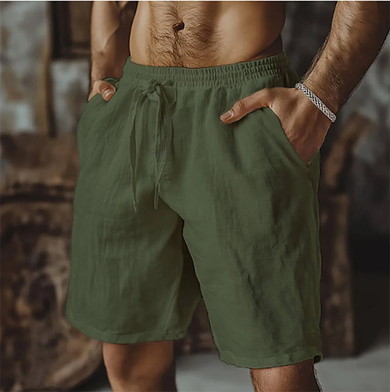 Men's straight leg casual shorts in cotton linen blend, shown in grey, with a British style fit.