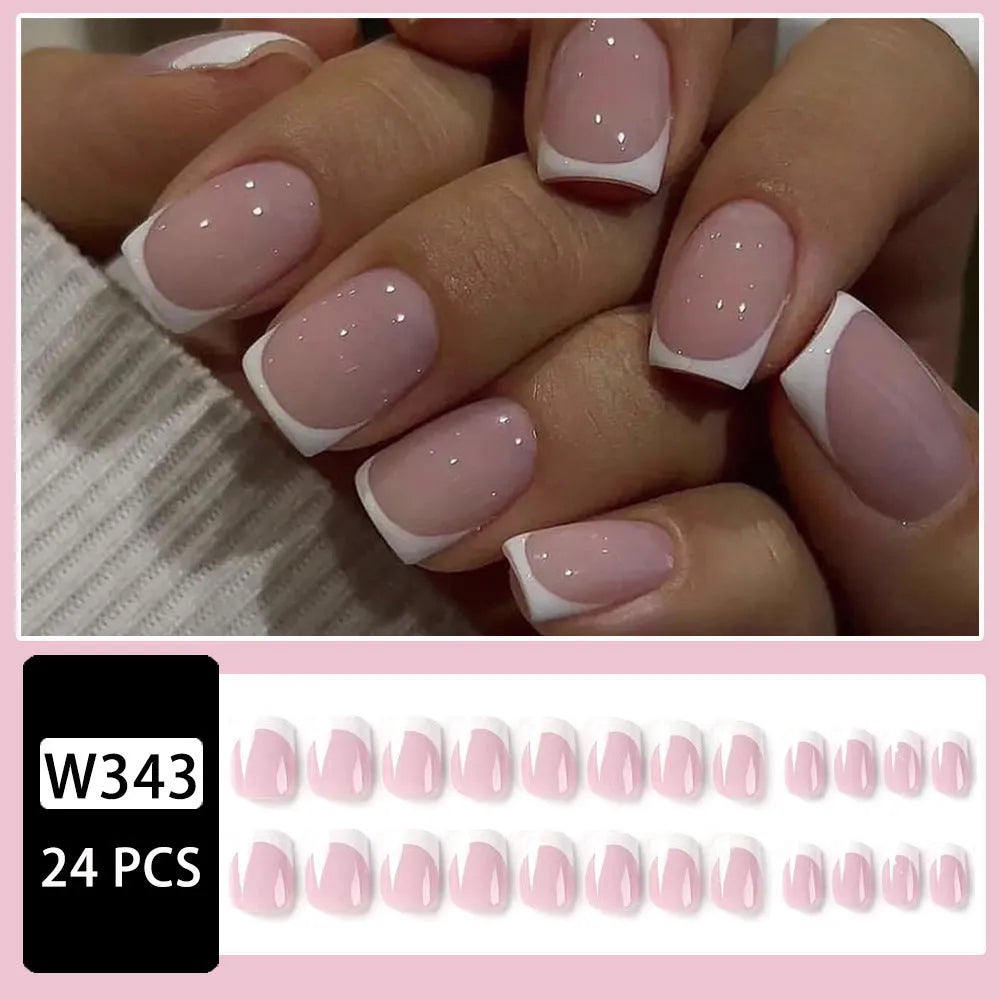 White false nails with plaid pattern, 24 pieces per box.