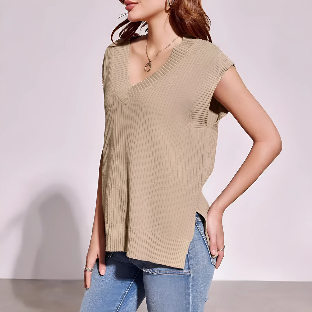 Loose fit sleeveless V-neck vest in Camel or White viscose fiber for women