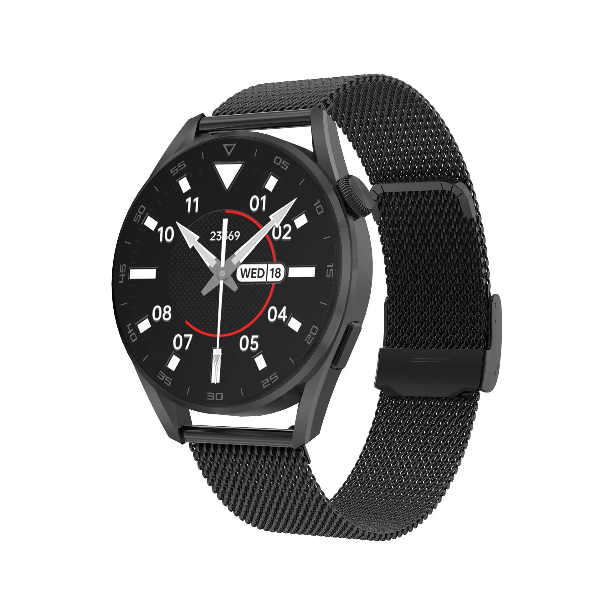 Smart watch with metal wristband and 1.3-inch touchscreen display showing notification interface