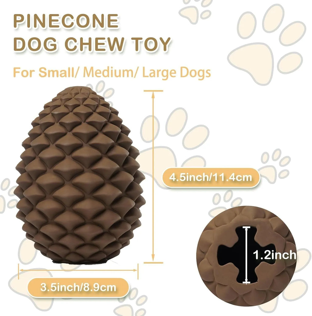 Yellow pine cone shaped dog chew toy with treat dispenser hole and textured surface