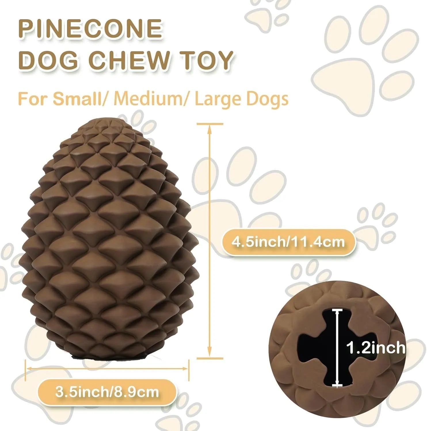 Yellow pine cone shaped dog chew toy with treat dispenser hole and textured surface