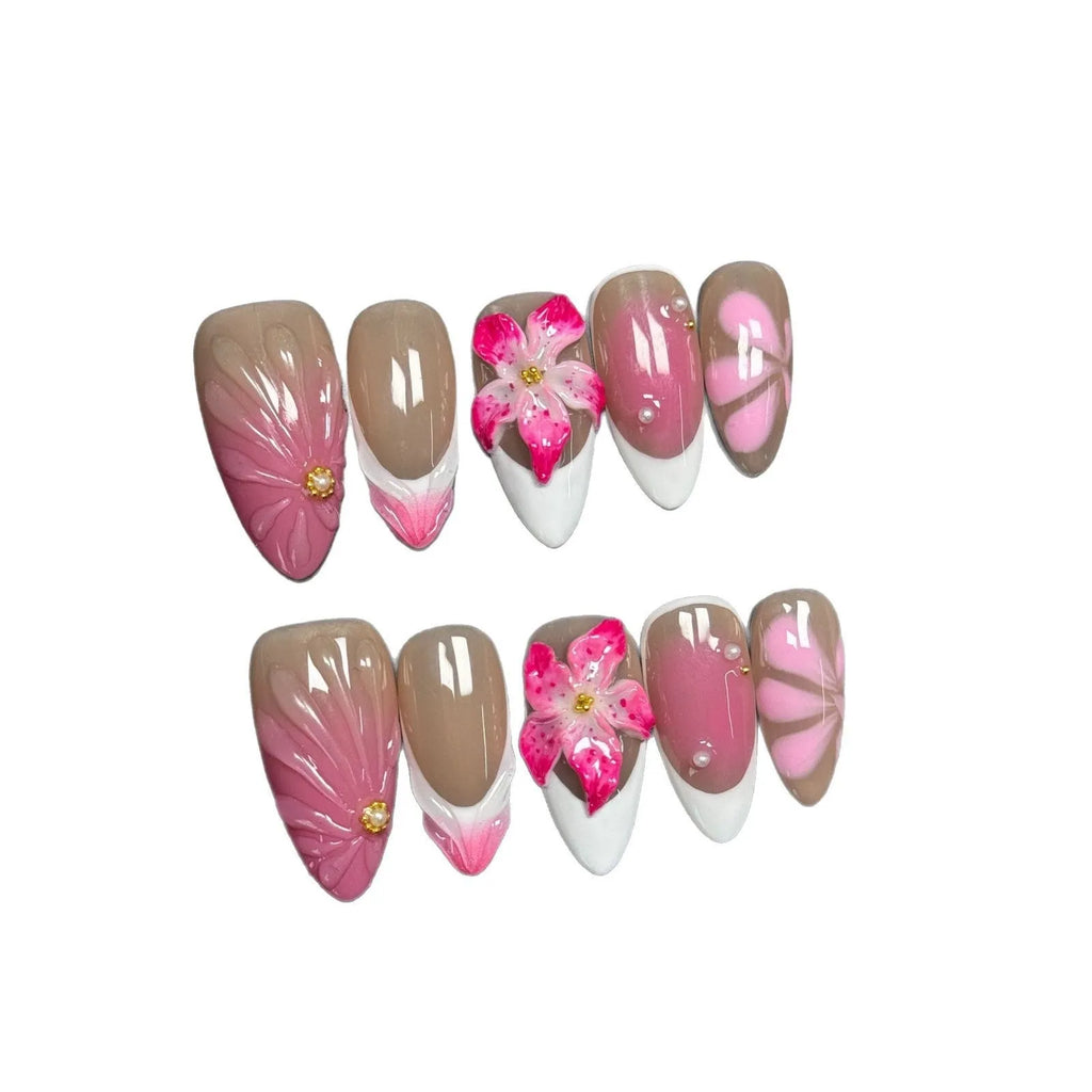 French style 3D lily fluid ice flower nail art stickers on almond-shaped plastic armour in four sizes
