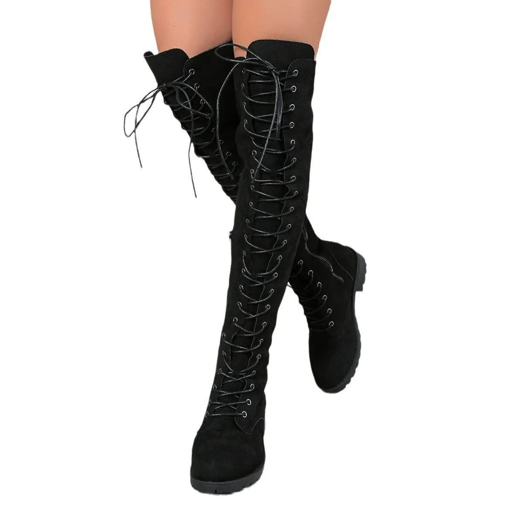 Women's black lace-up over-the-knee boots with round toe and flat rubber sole