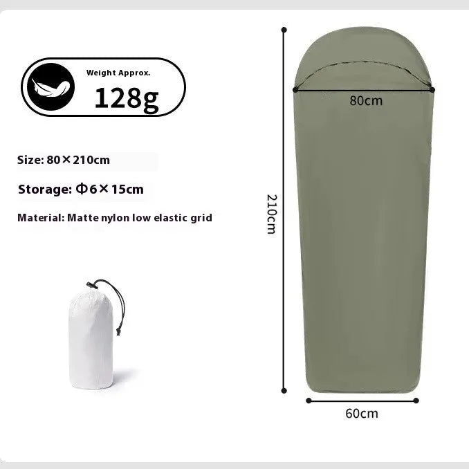 Blue mummy-type nylon camping sleeping bag for adults showing portable design