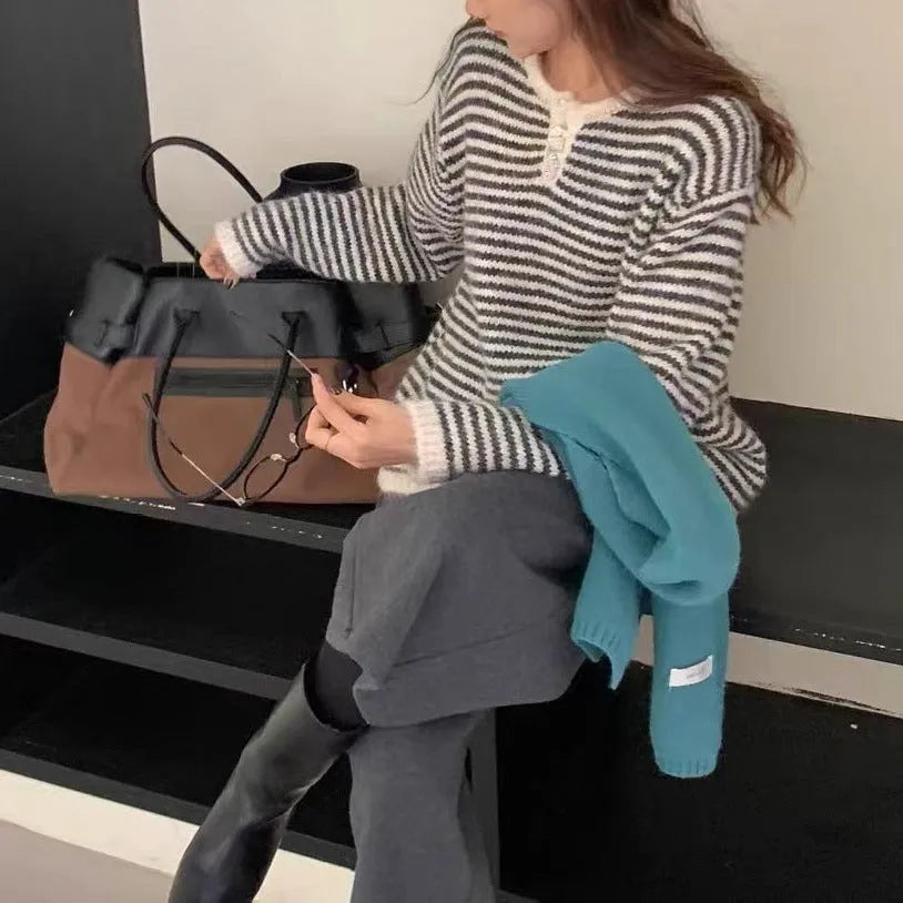 Red and blue striped cashmere pullover sweater for women with loose retro fit