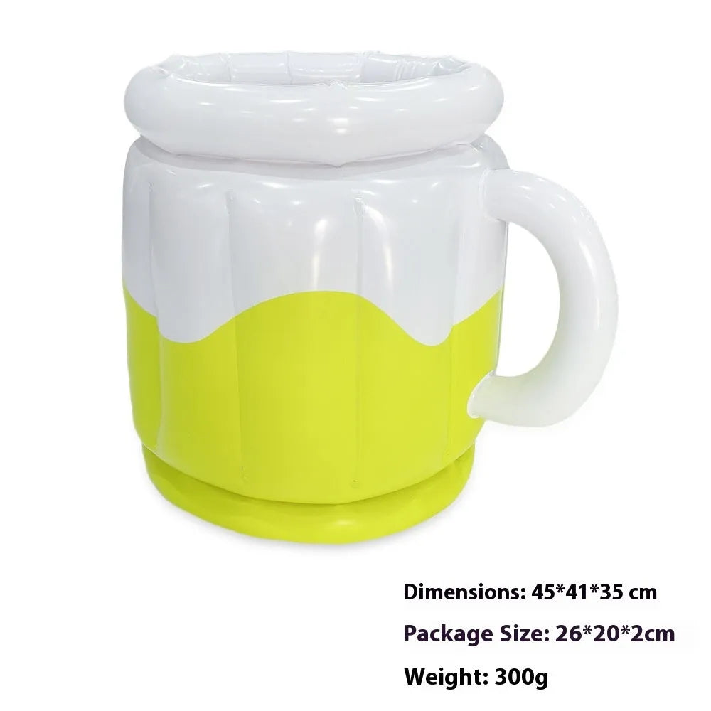 Yellow inflatable PVC ice bucket designed for beer steins, deflated for portable transport