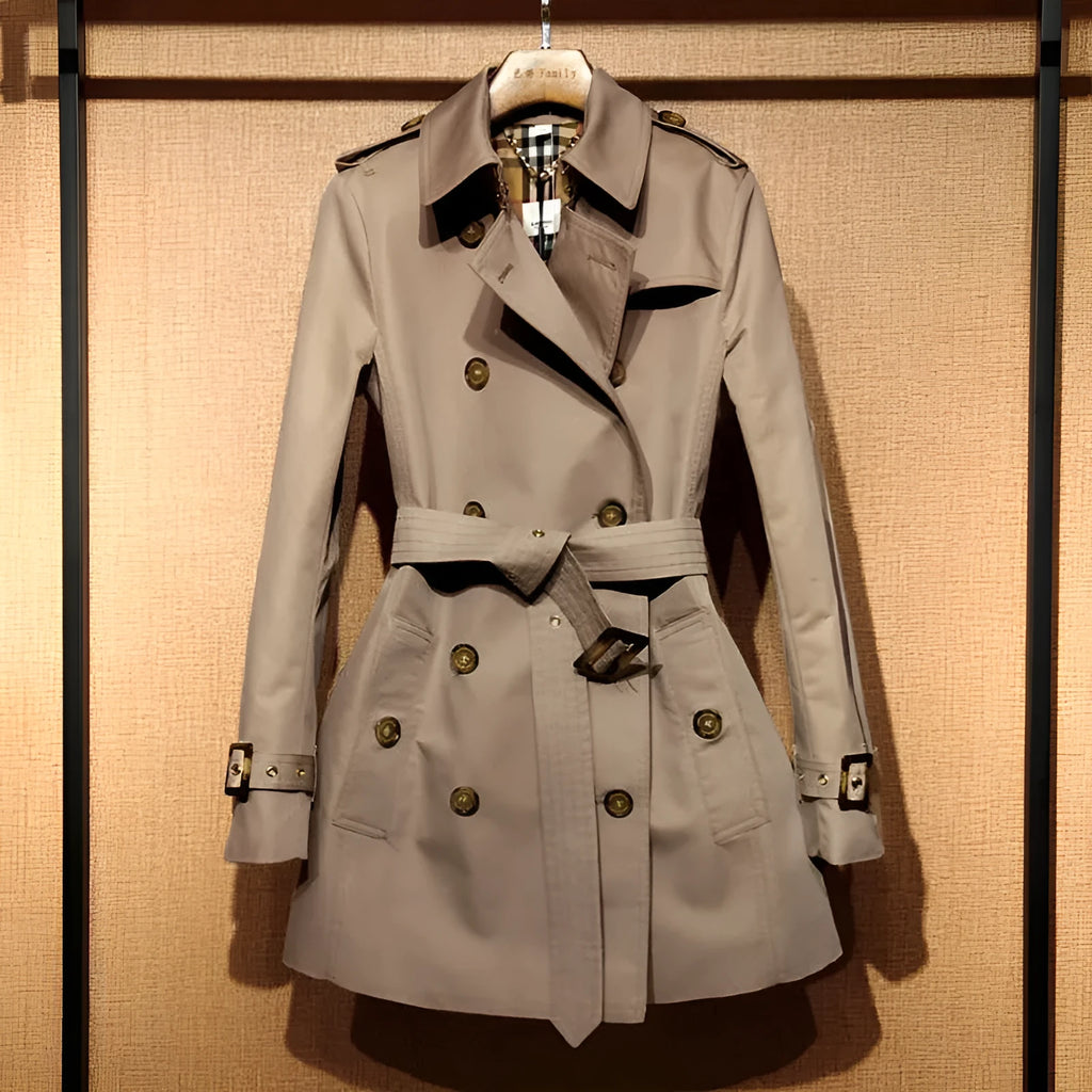 Khaki double-breasted women's trench coat with long flight sleeves and button front.