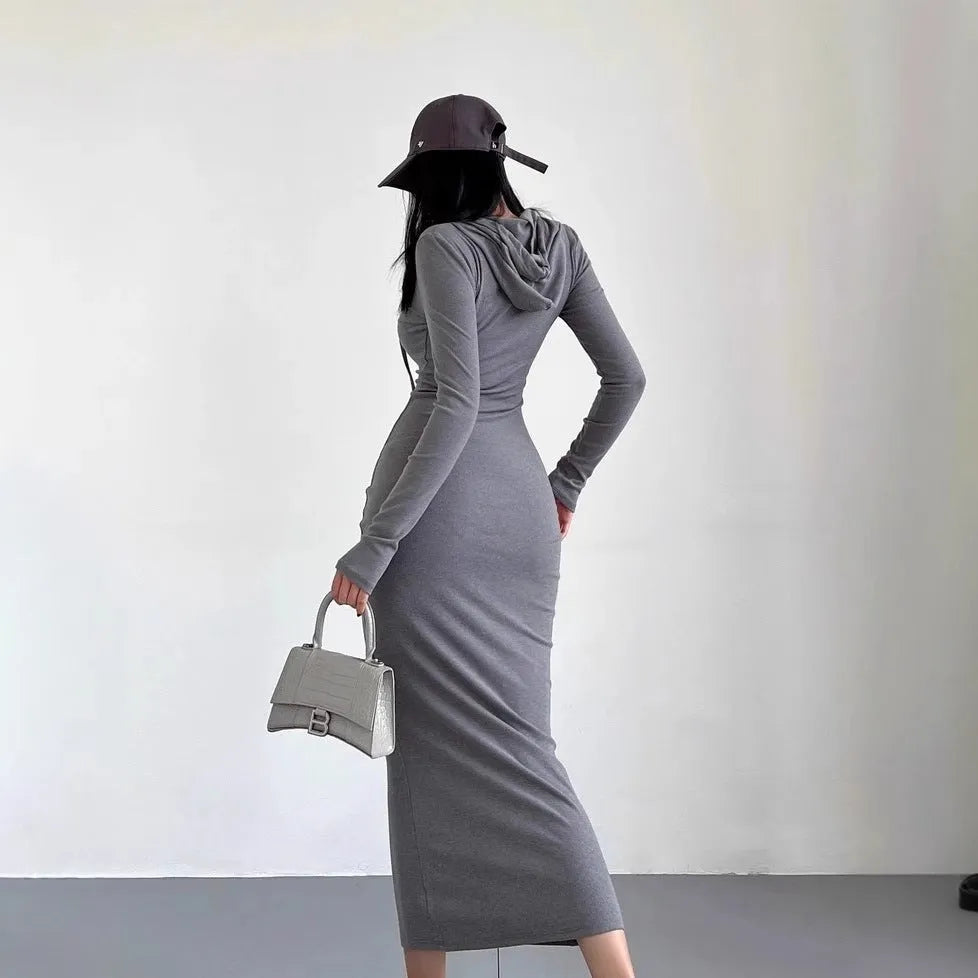 Women's long sleeve hooded sheath dress in polyester, shown in a neutral colour on a model.
