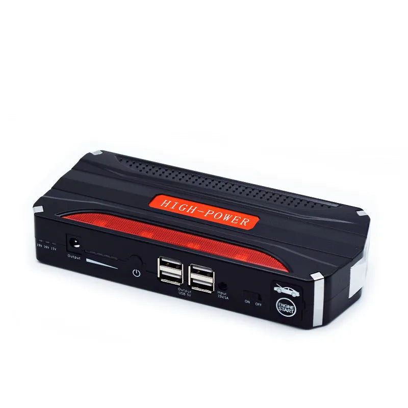 Black and red 12V vehicle emergency starting power supply with 7800mAh battery capacity