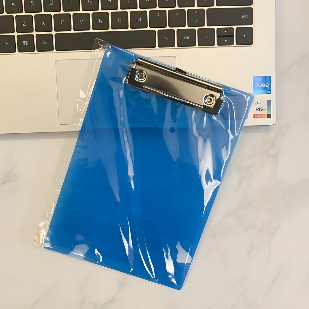 Transparent A4 clipboard with metal flat clip holding paper, shown in blue colour option.
