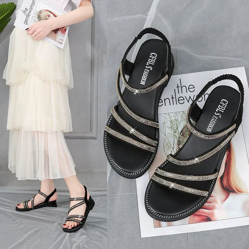 Korean style women's flat sandals with rhinestone decoration in silver or gold colours