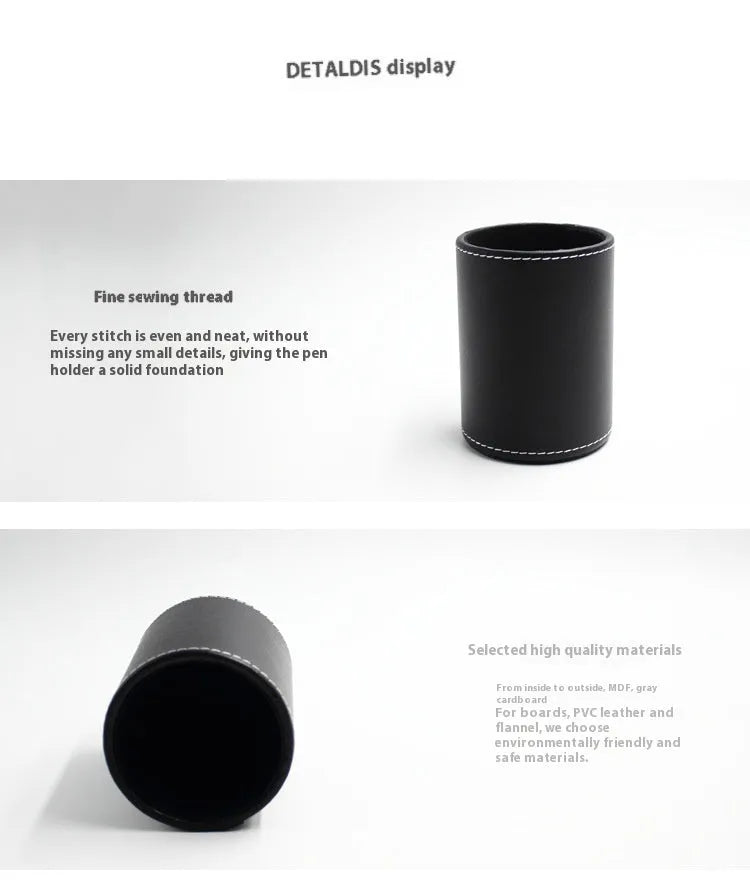 Black leather round pen holder showing cylindrical shape with 8.0cm diameter and 10.8cm height dimensions