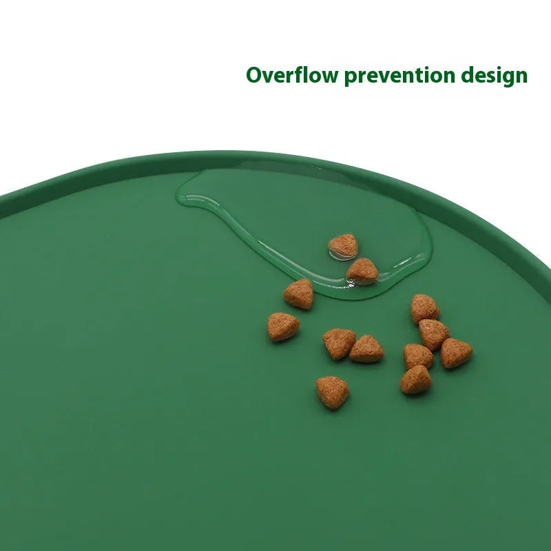 Silicone waterproof placemat for cat food and water bowls in green, beige, black, or purple.