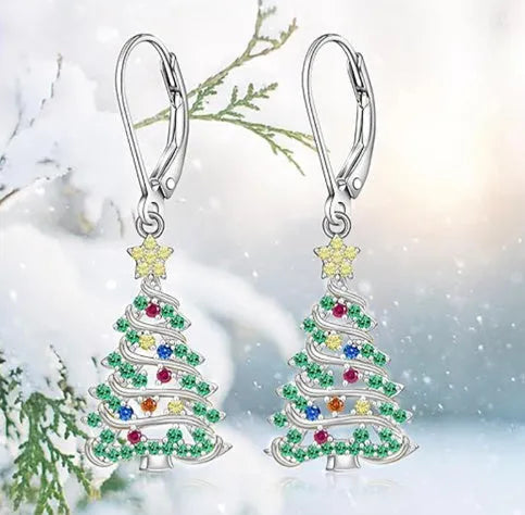 Women's copper Christmas tree earrings with star shape in white gold colour