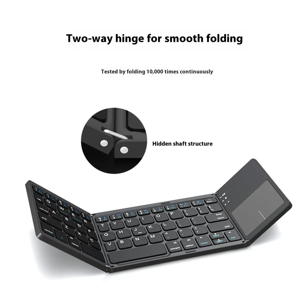 Black tri-fold Bluetooth keyboard shown open and closed, next to a smartphone for scale.