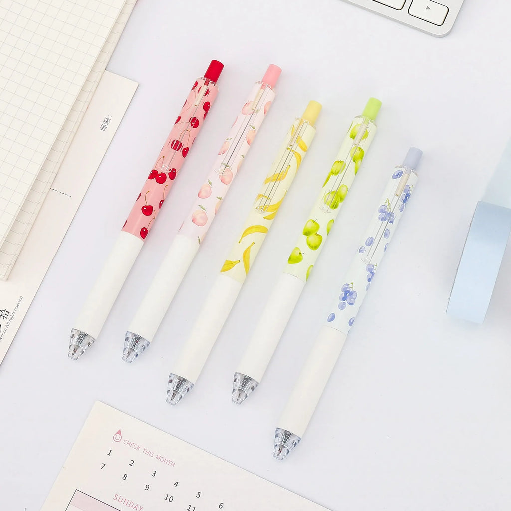 Three scented fruit flavoured press-action pens with 0.5mm black ink refills