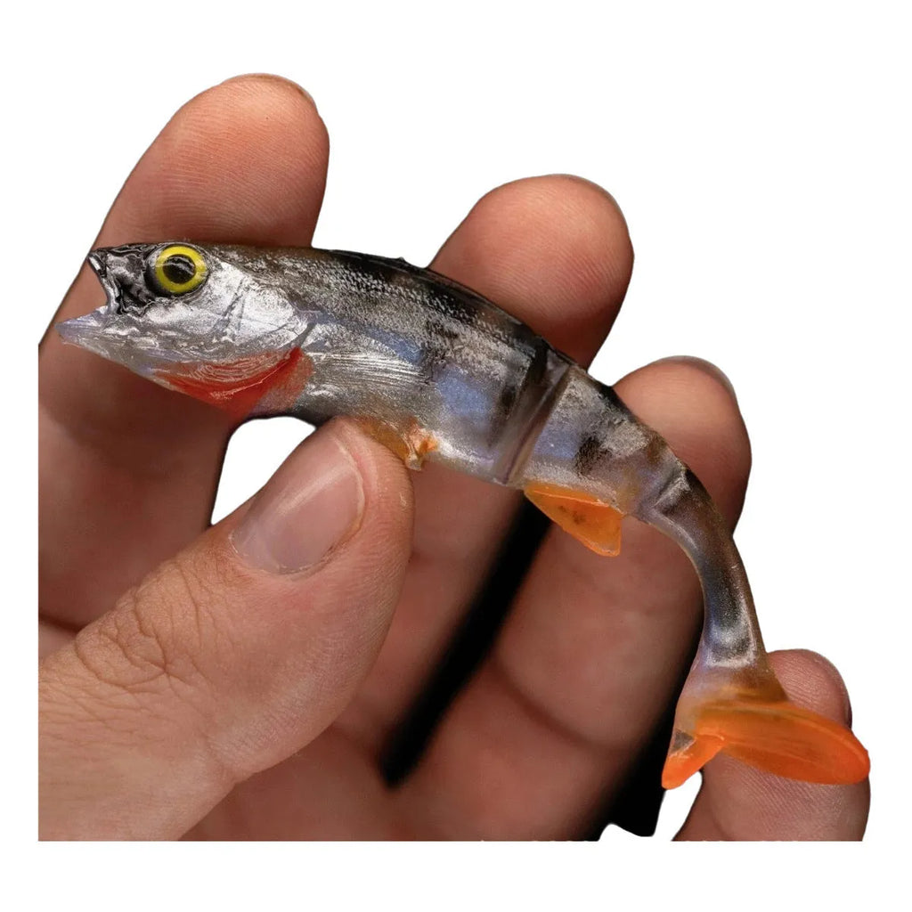 7cm long soft fishing lure designed as a catfish imitation with a T-tail, in a fish colour pattern.