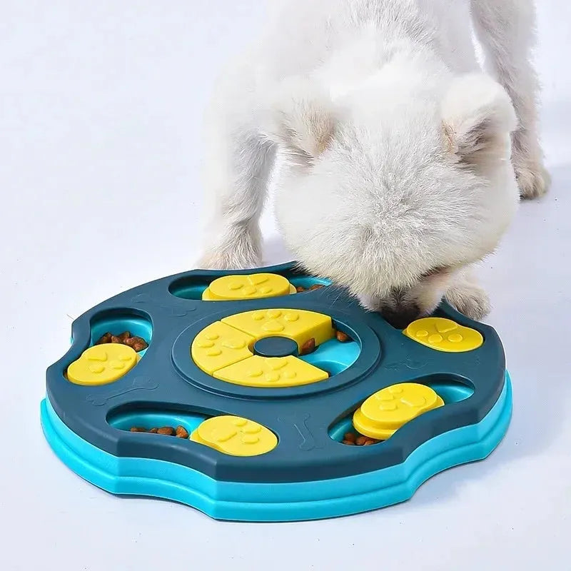 Blue durable plastic dog puzzle toy feeder with interactive food-searching compartments for slow feeding.
