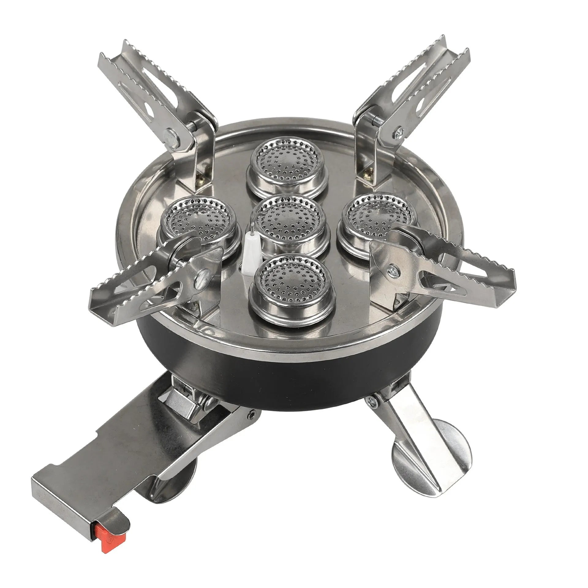 Silver portable foldable stainless steel and copper split stove for outdoor camping.