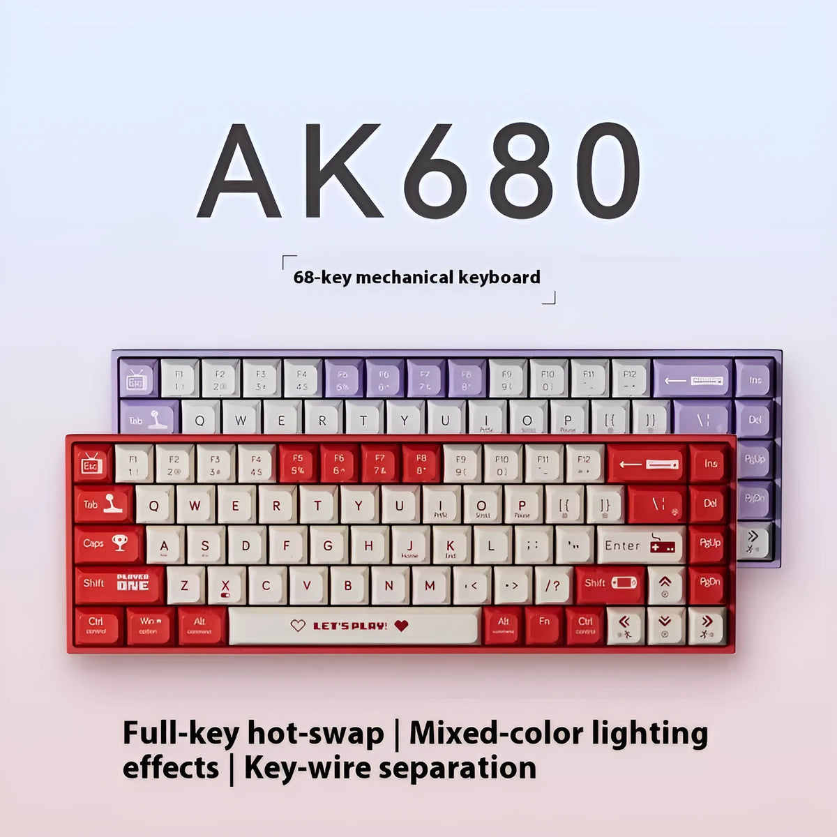 AJAZZ AK680 wired mechanical gaming keyboard in red and white colour mix with hot-swappable switches.