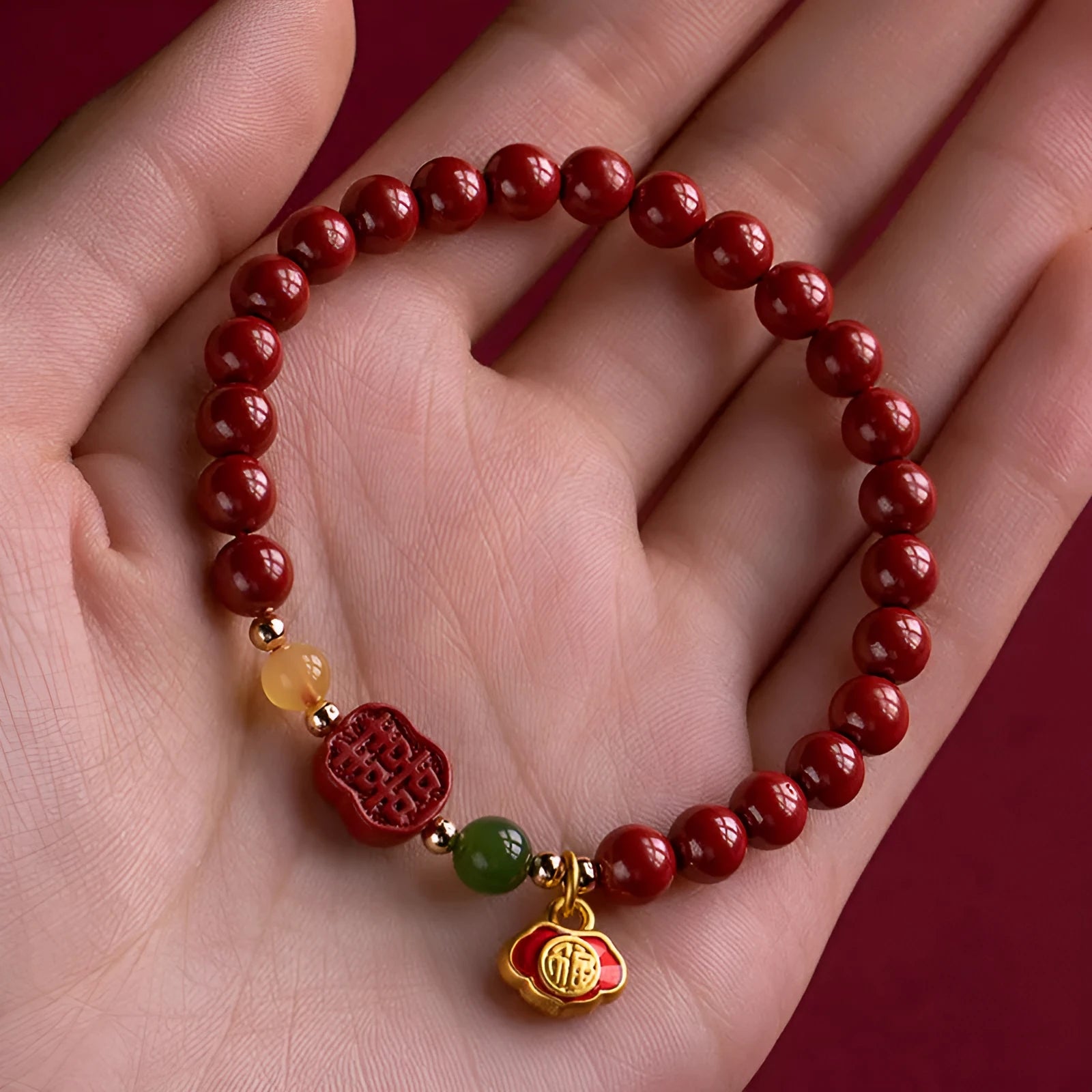 Cinnabar fu character bracelet with emperor sandstone beads in new Chinese style jewellery