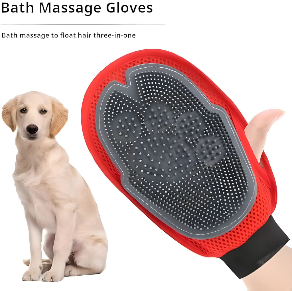 Red pet bathing glove with integrated brush for dog and cat grooming during washing.