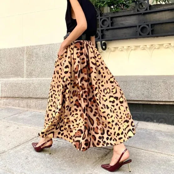 Brown leopard print women's A-line long skirt with big hem in Asian sizes