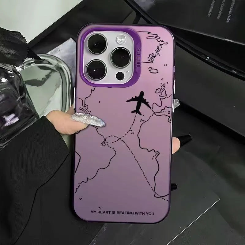 Silver PC hard phone case with flight map design in black, white, purple, or green for iPhone 11 to 16 Pro Max.