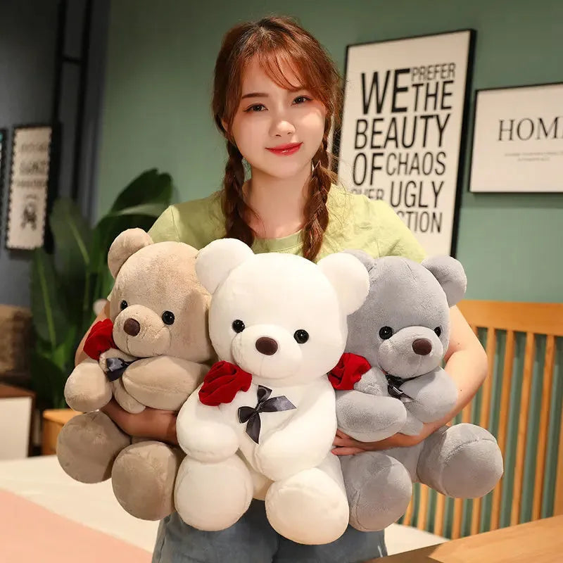 Rose print teddy bear plush doll in beige, brown, or grey, shown in various sizes.