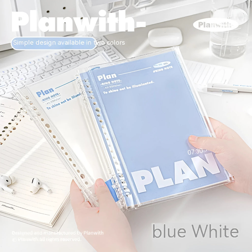 A5 blue PVC spiral-bound notebook with a transparent front pocket for loose-leaf paper.