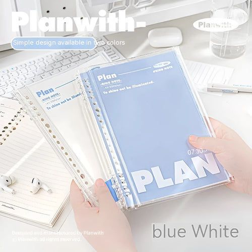 A5 blue PVC spiral-bound notebook with a transparent front pocket for loose-leaf paper.