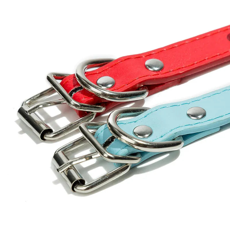 Studded dog collar with metal spikes on thickened PU leather strap in multiple colour options.